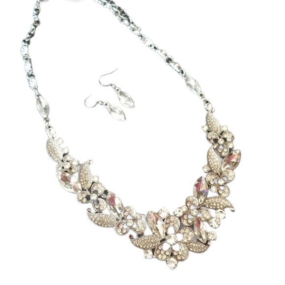 Prom Wedding Rhinestones crystal Necklace Earring Set silver - Picture 10 of 10